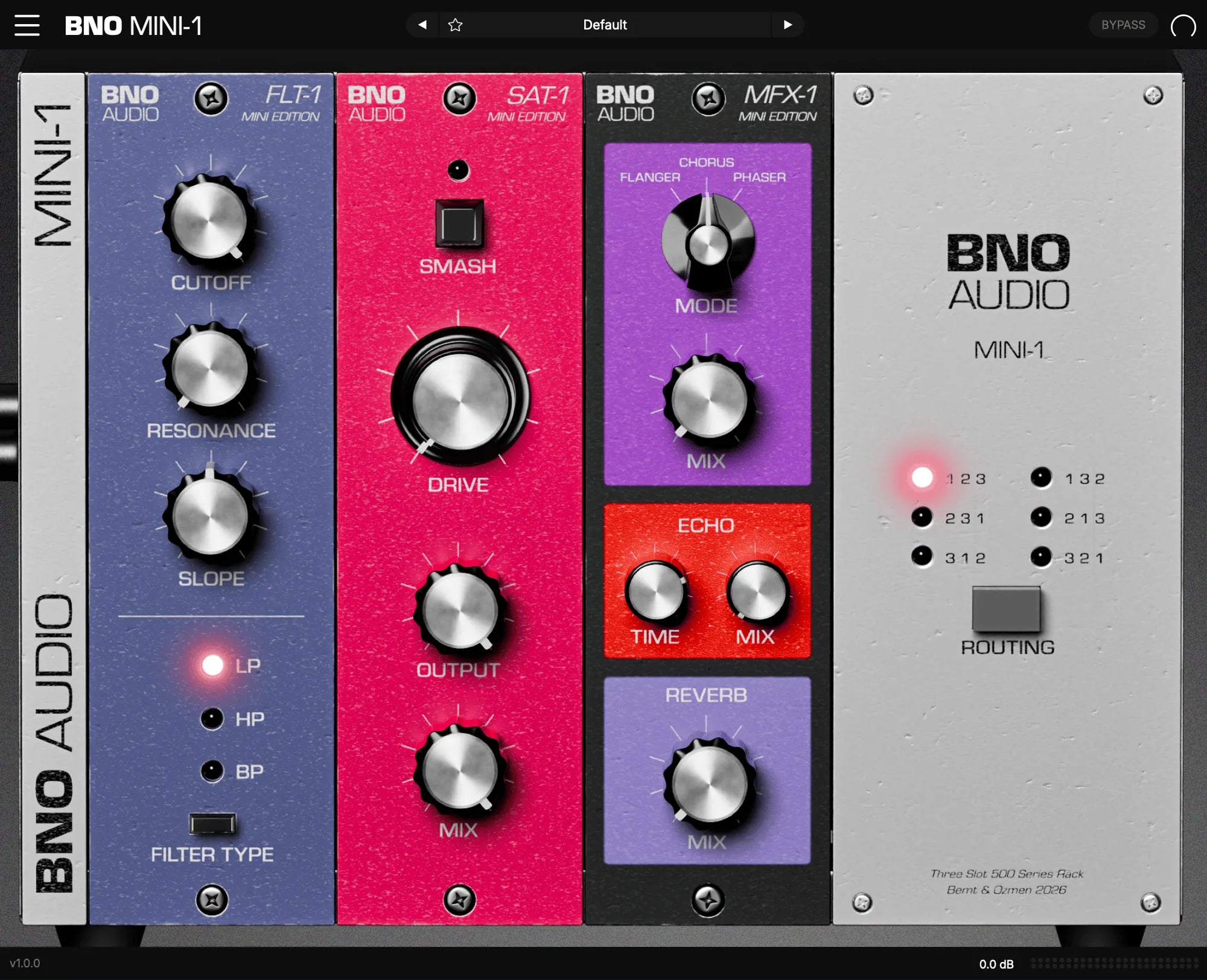 The BNO MINI-1 plugin interface: the FLT-1 filter, SAT-1 saturation and MFX-1 modulation slots in a three-slot 500 series rack.