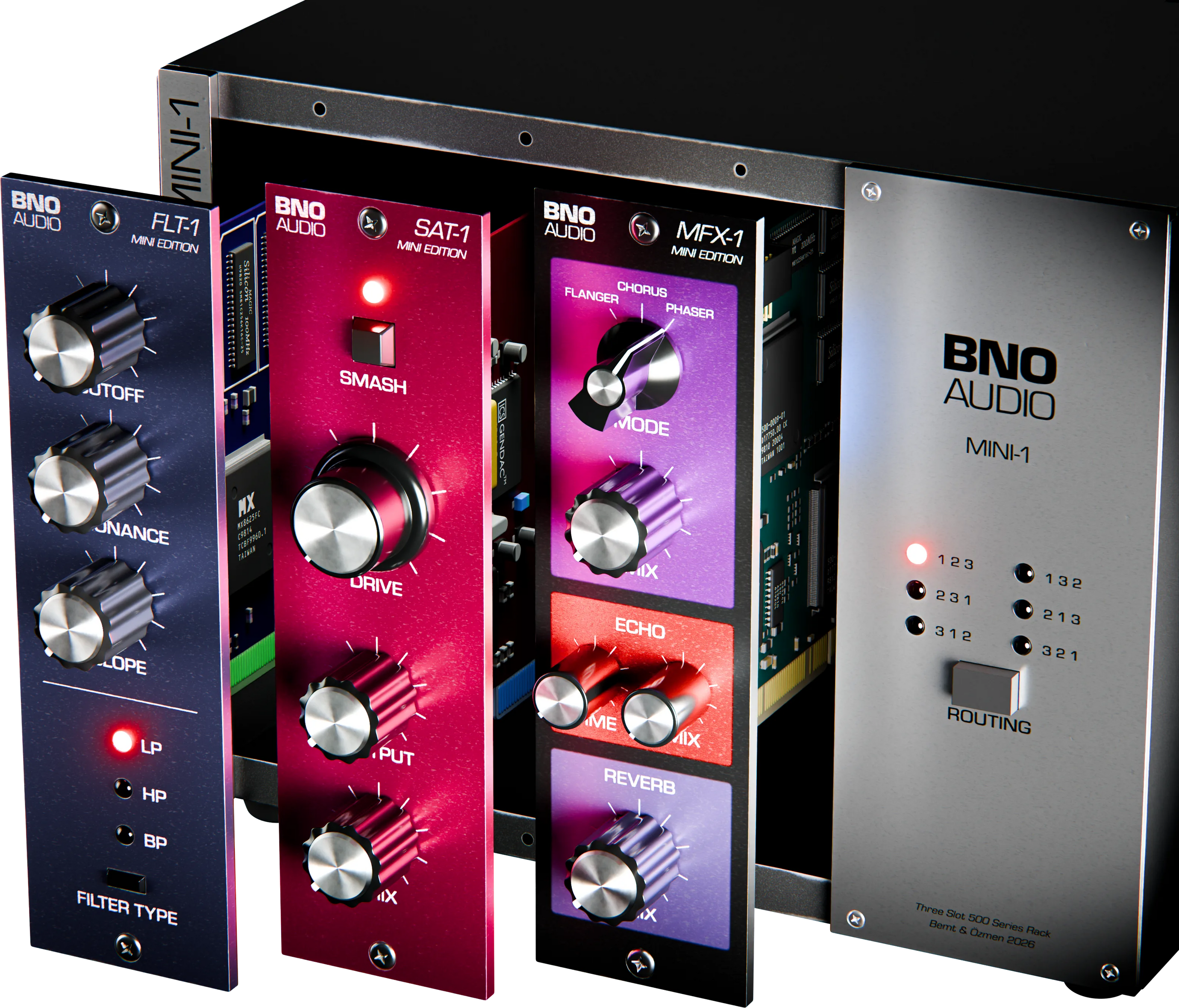 The BNO MINI-1 rack with its FLT-1 filter, SAT-1 saturation and MFX-1 modulation modules
