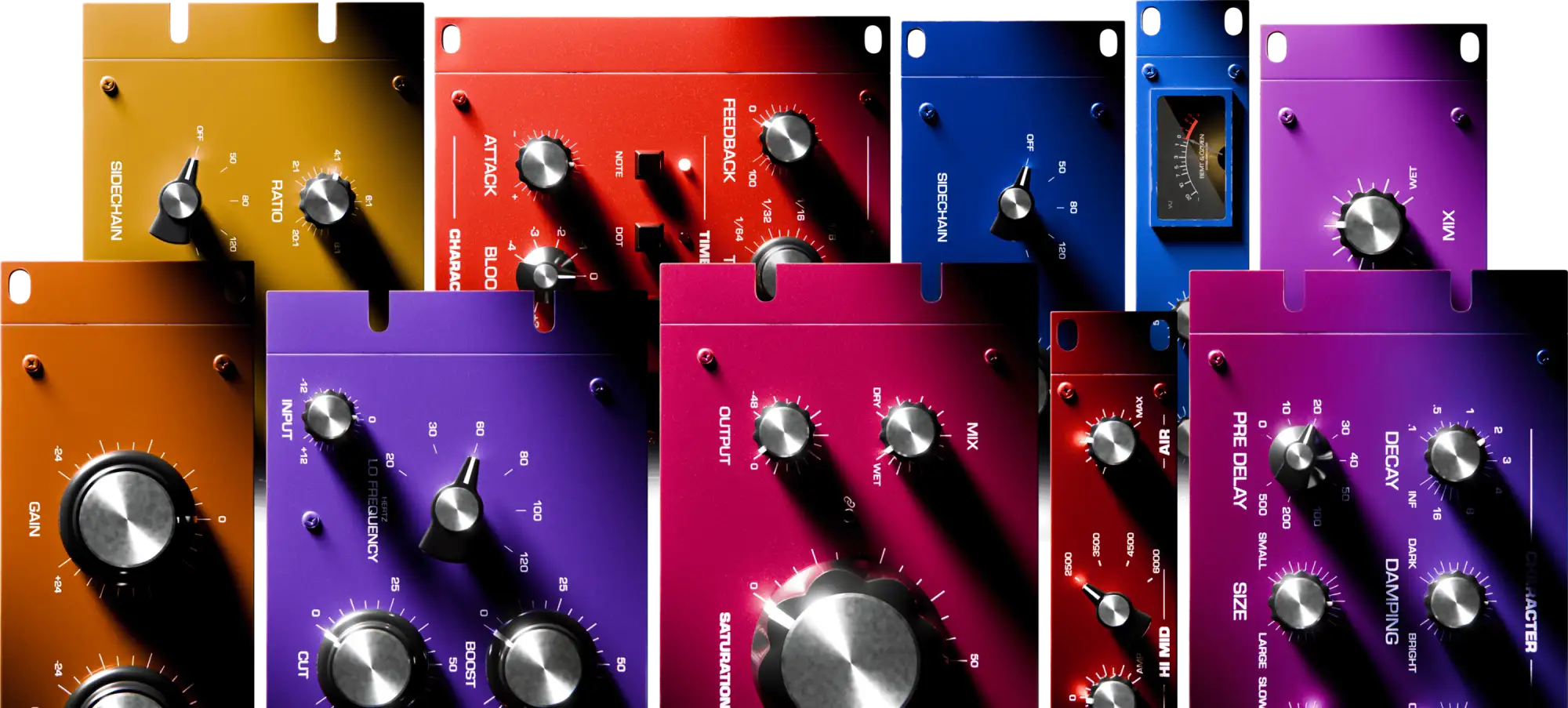 A vibrant array of colorful audio processor units, each featuring metallic knobs and labeled with technical specifications like ’slope,’ ’feedback,’ or ’saturation.’